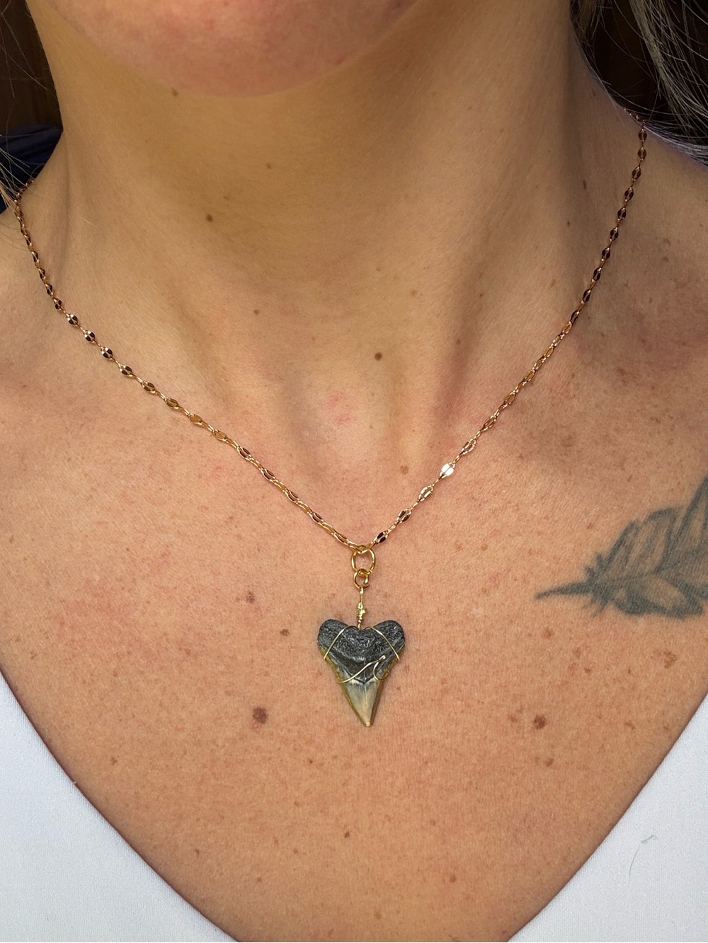 Handmade Authentic Fossil Gold Dipped Wire Wrapped Wave Shark Tooth Necklace